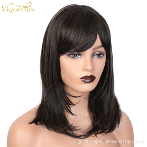 Vigorous Wholesale Top Quality Long Silky Straight Natural Black Wigs Bangs Synthetic Part Side Wigs For Women Heat Resistant